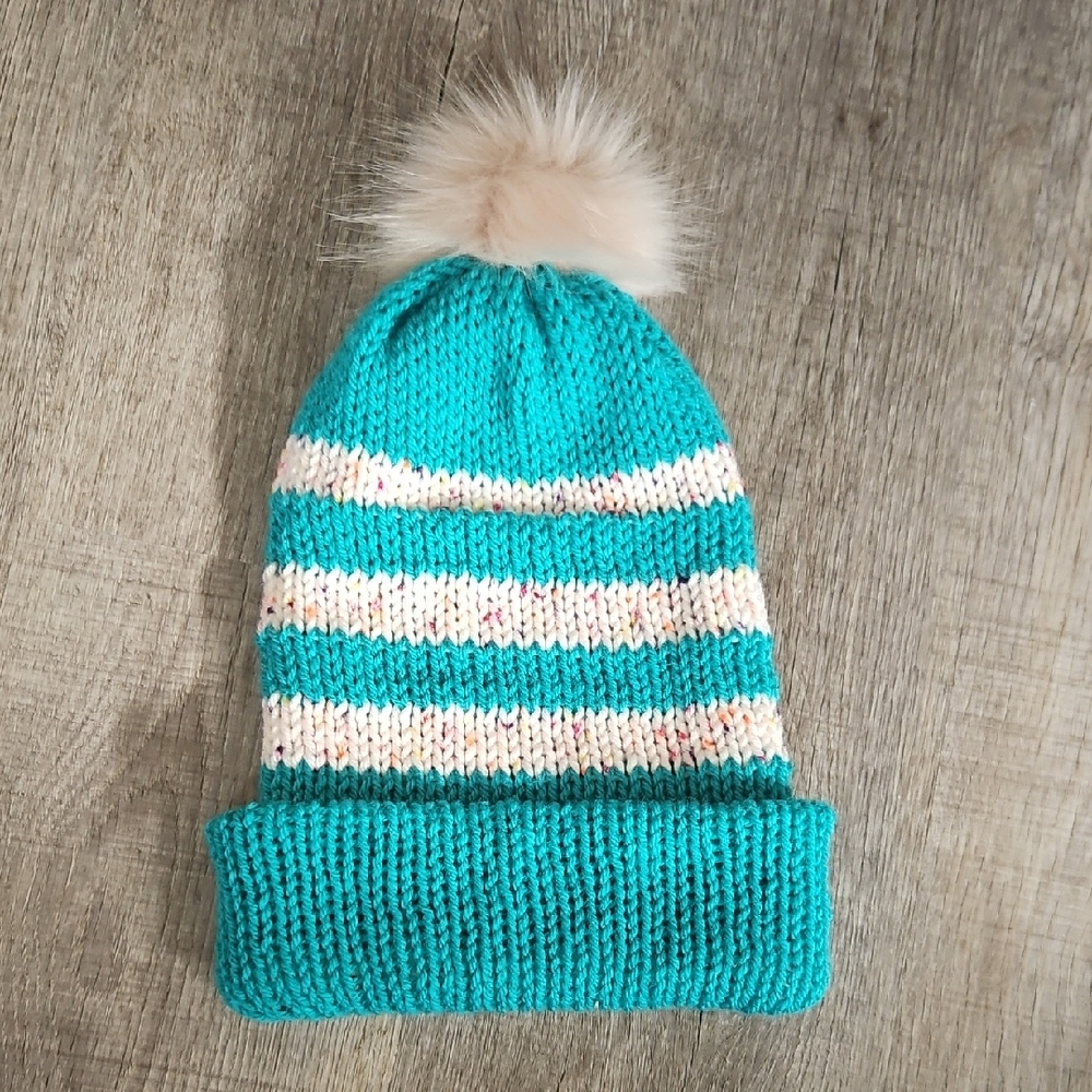 Cozy Striped Knit Beanie for Kids - Teal and Cream